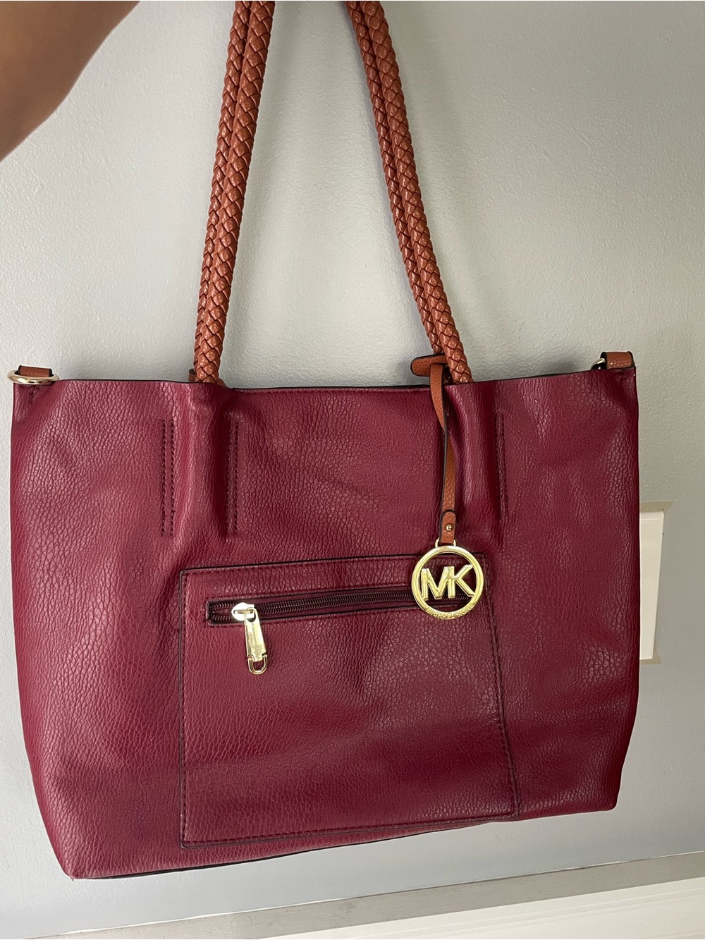 Michael Kors Burgundy Leather Tote with Braided Brown Handles